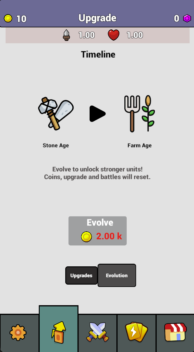 The Evolution tab warns that coins, upgrades and battles reset when evolving from Stone Age to Farm Age. Read this warning before using Evolve.