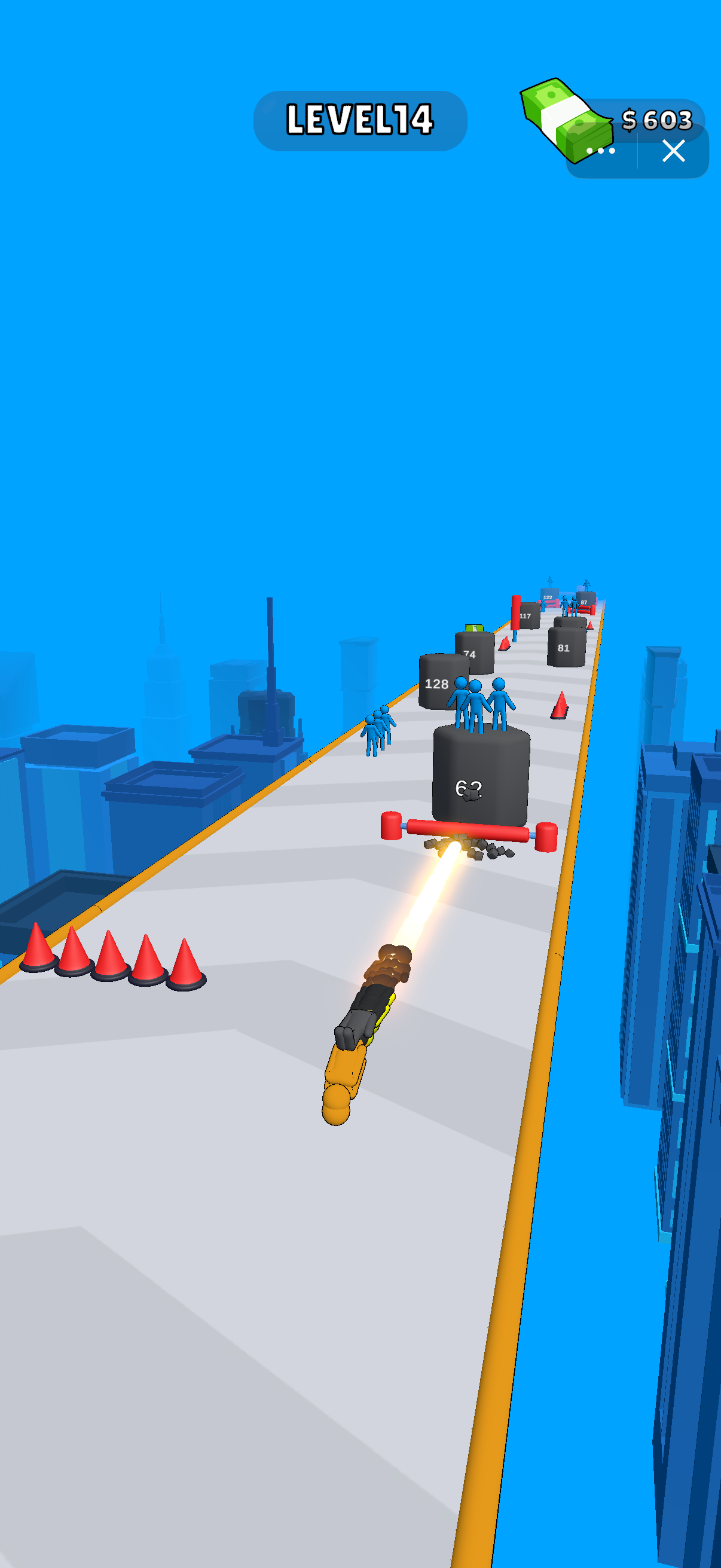 During Level 14, a bright beam hits a numbered black obstacle near a red crossbar. Cones occupy other parts of the track, so inspect the next firing lane and hazard together. The displayed cash is 603 in this capture.
