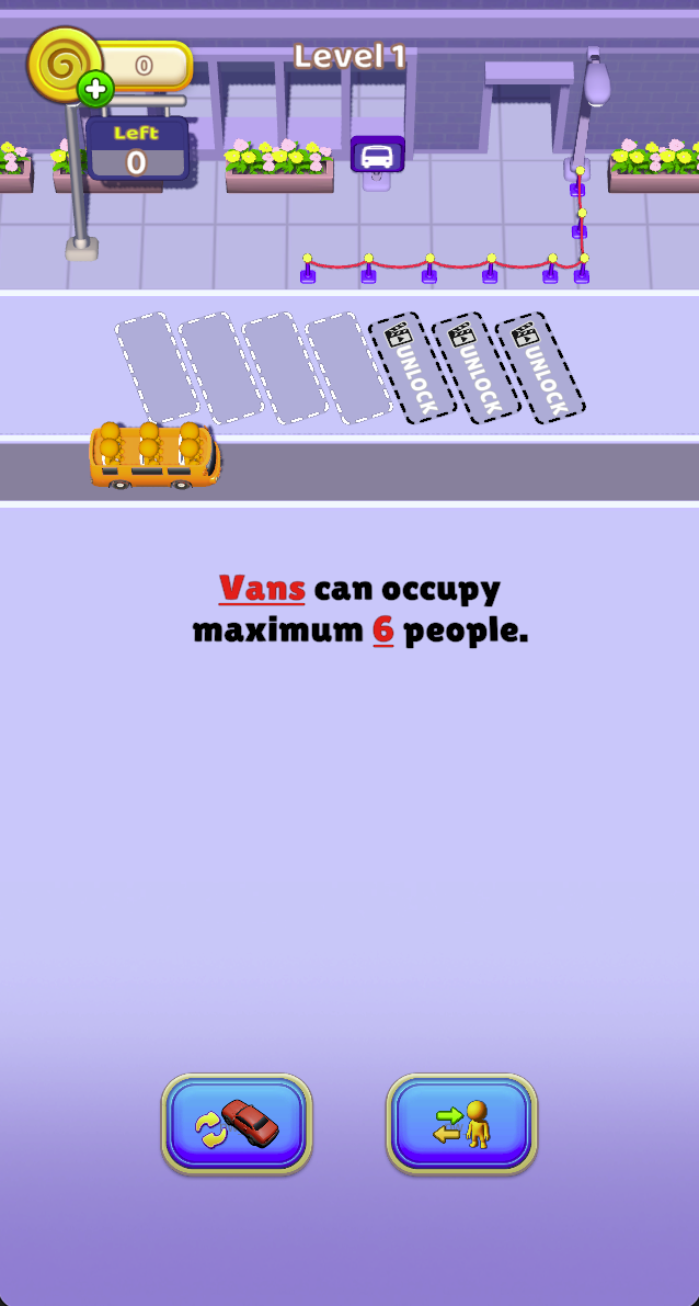 The Level 1 tutorial explicitly gives a maximum of 6 people per van. This is a capacity rule, separate from the number of available parking spaces.