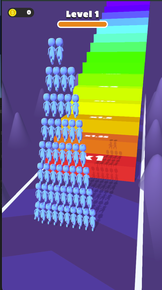 Level 1 shows a crowd beside colored stairs. This end section differs from the gate choices earlier in the route.