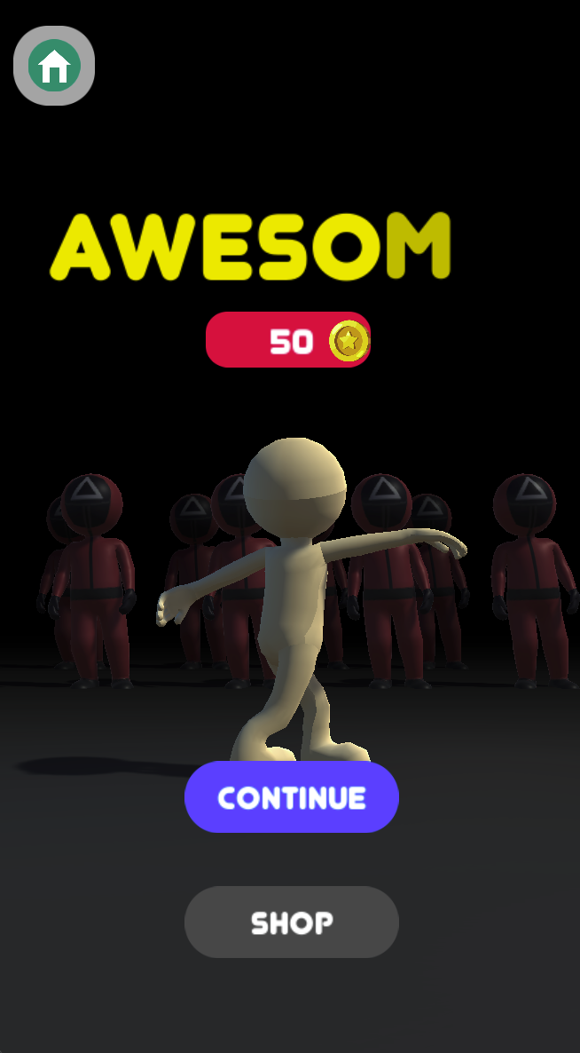 The completion screen has CONTINUE and SHOP plus a 50-coin label. Use CONTINUE for progression; the displayed amount is specific to this capture.