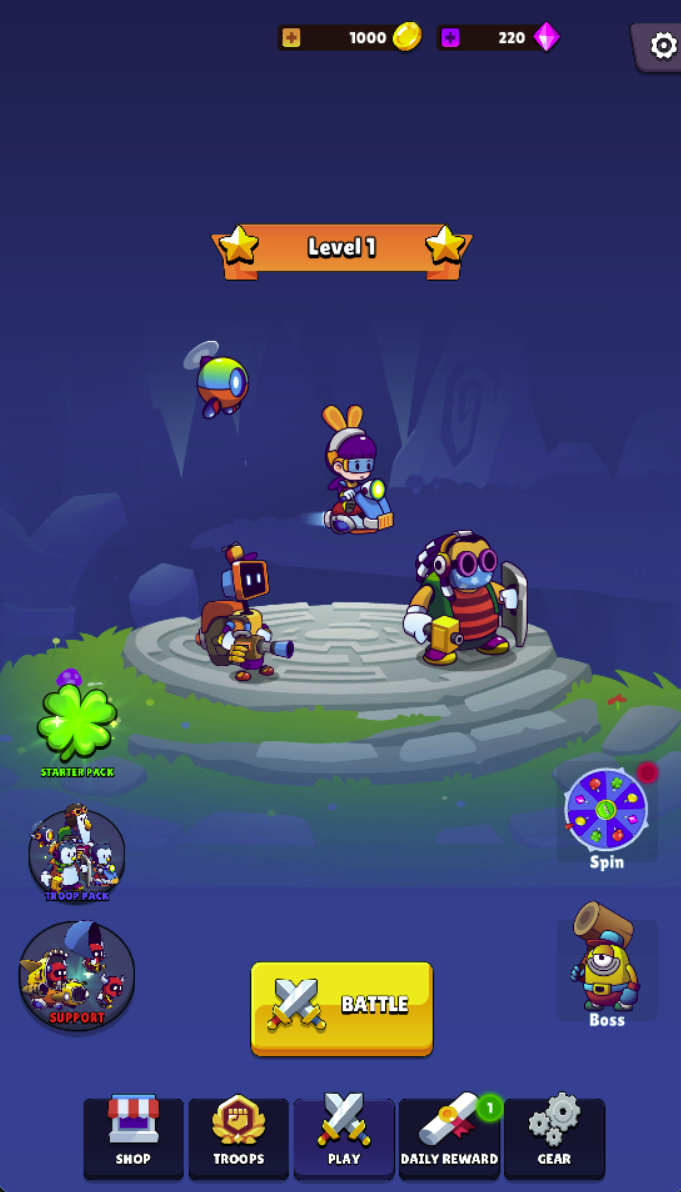 The home screen uses BATTLE to enter play and separates GEAR and TROOPS in the bottom navigation. These menus address different parts of the build.