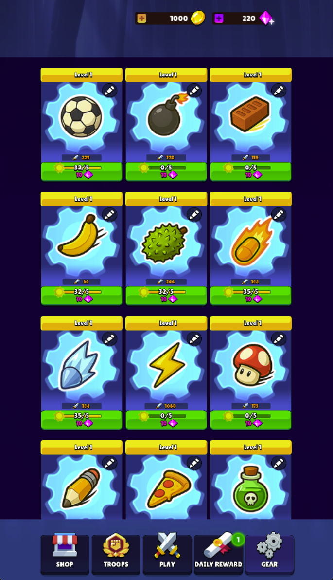 The GEAR menu contains individual upgrade cards. Read a card’s own values and cost rather than applying a universal upgrade ranking.