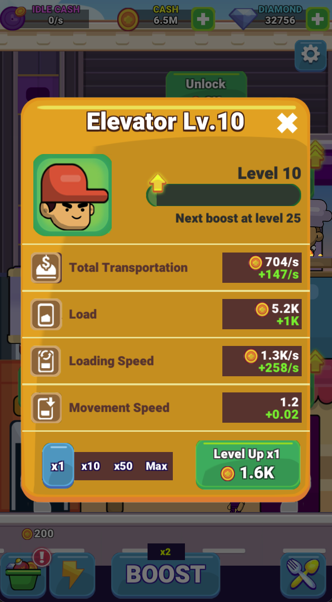The Elevator Level 10 panel separates load, loading speed and movement speed, with x1/x10/x50/Max choices. Verify the quantity before upgrading.