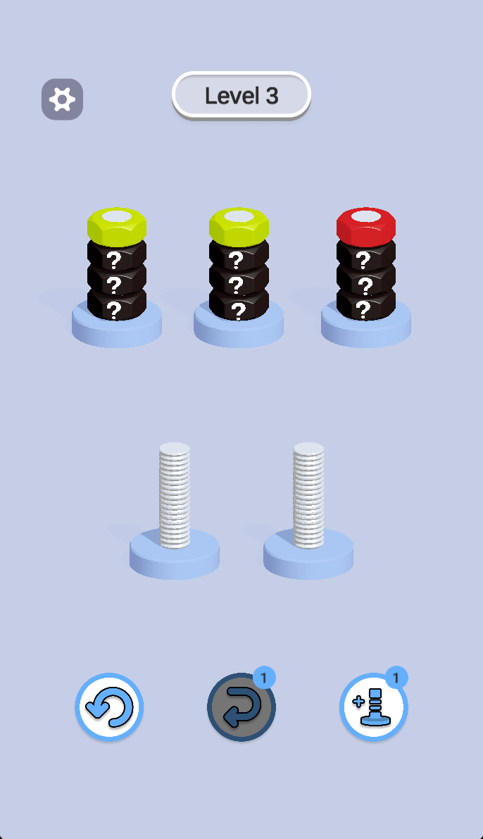 Level 3 begins with visible yellow and red top nuts above question-mark layers, plus two empty bolts. Hidden colors cannot be read from the black covers.