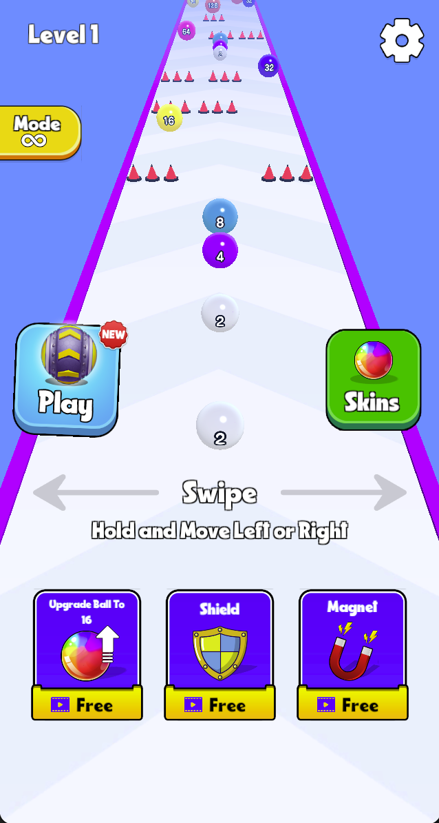 The number-run menu explicitly says Swipe and Hold and Move Left or Right. Play, Skins and the video-marked boosts are separate controls.